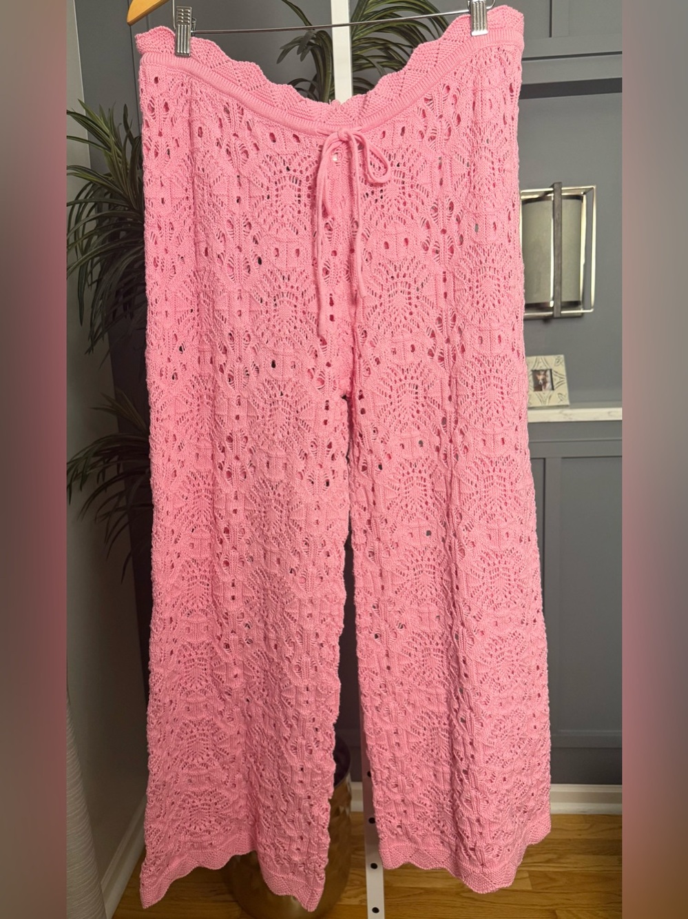 SOLAÍ Pink Crochet Knit Wide Leg Drawstring Pants Large